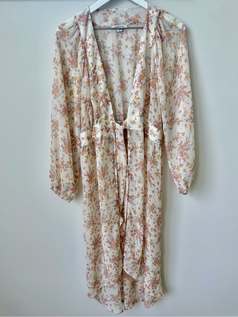 Sheer Floral Tie-Waist Cover Up - Cream & Dusty Rose (Size L)